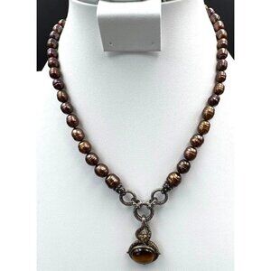 Scarce Barbara Bixby Freshwater Chocolate Pearl Necklace Tigers Eye 18K Sterling